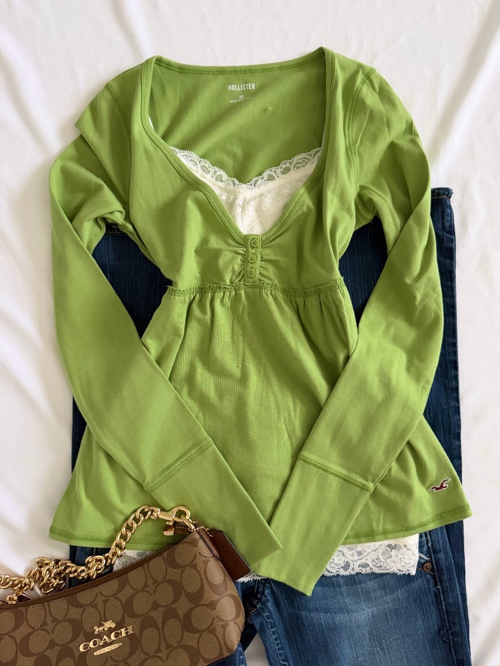 Hollister Lime Green Long Sleeve Scoop-Neck Henley Top